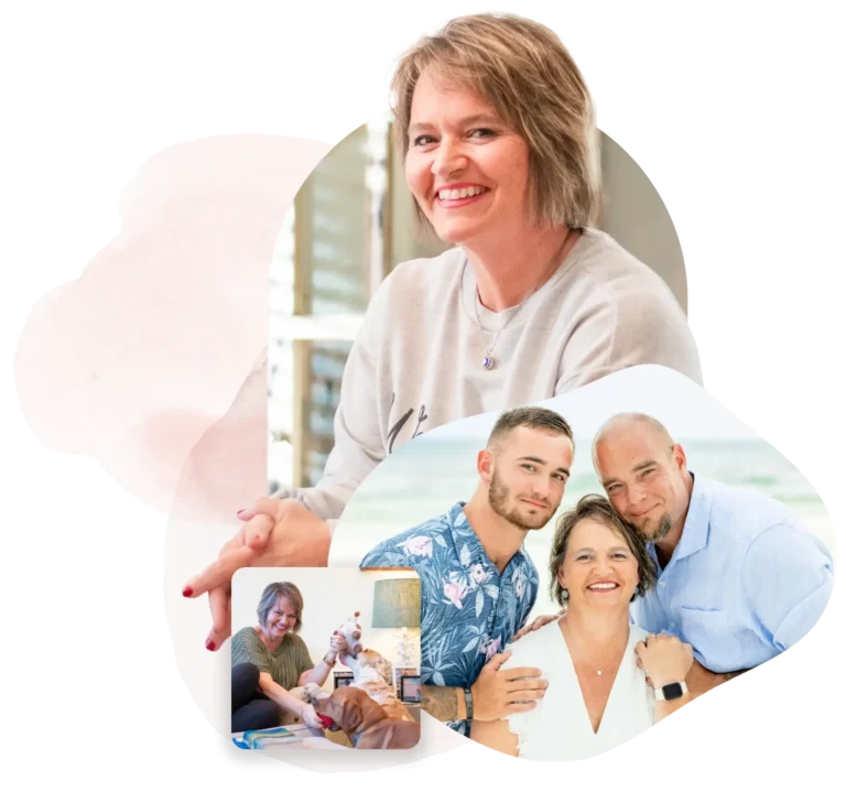 A collage of three photos: Kim Walker with short hair sitting indoors, Kim Walker with Brian Walker and their son posing outdoors, and her playing with a dog while a child sits nearby.