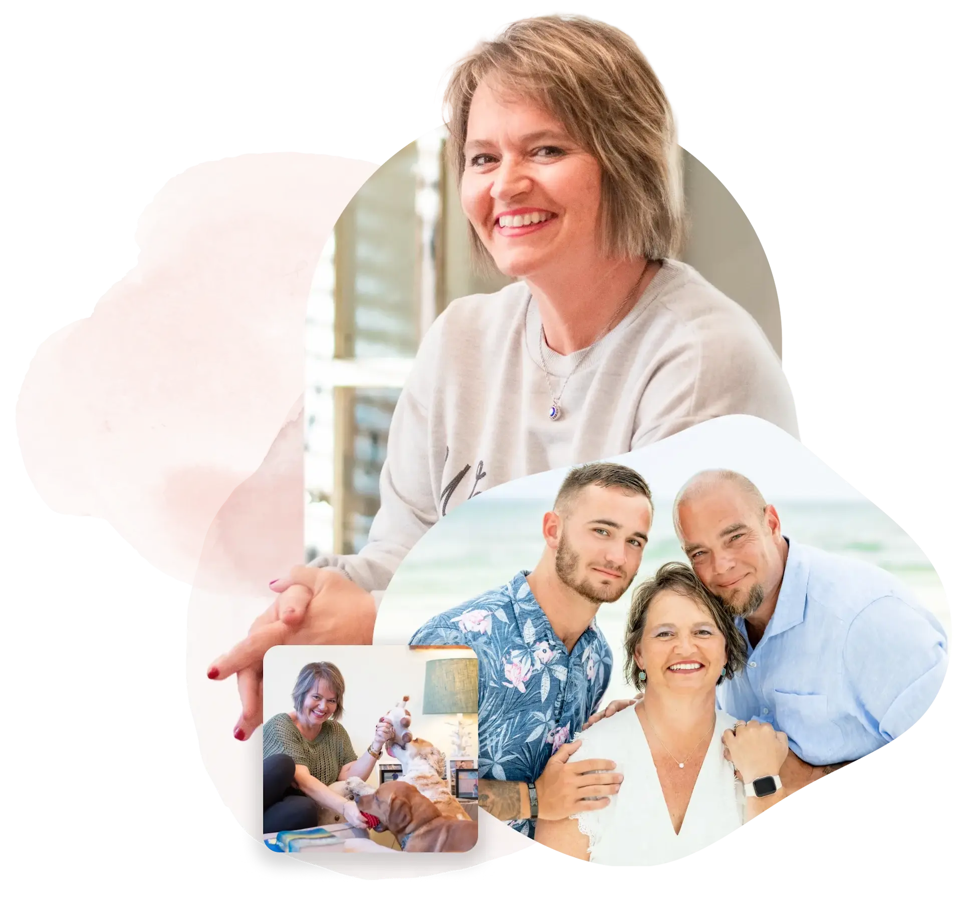 A collage of three photos: Kim Walker with short hair sitting indoors, Kim Walker with Brian Walker and their son posing outdoors, and her playing with a dog while a child sits nearby.