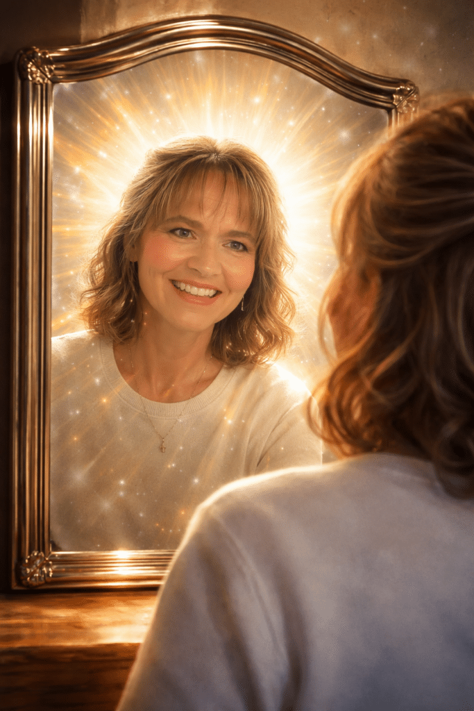 Glory of God, An A.I. generated image of Kim Walker with shoulder-length hair smiles at her reflection in a mirror. The reflection is surrounded by a glowing, radiant light, creating a magical and uplifting atmosphere.