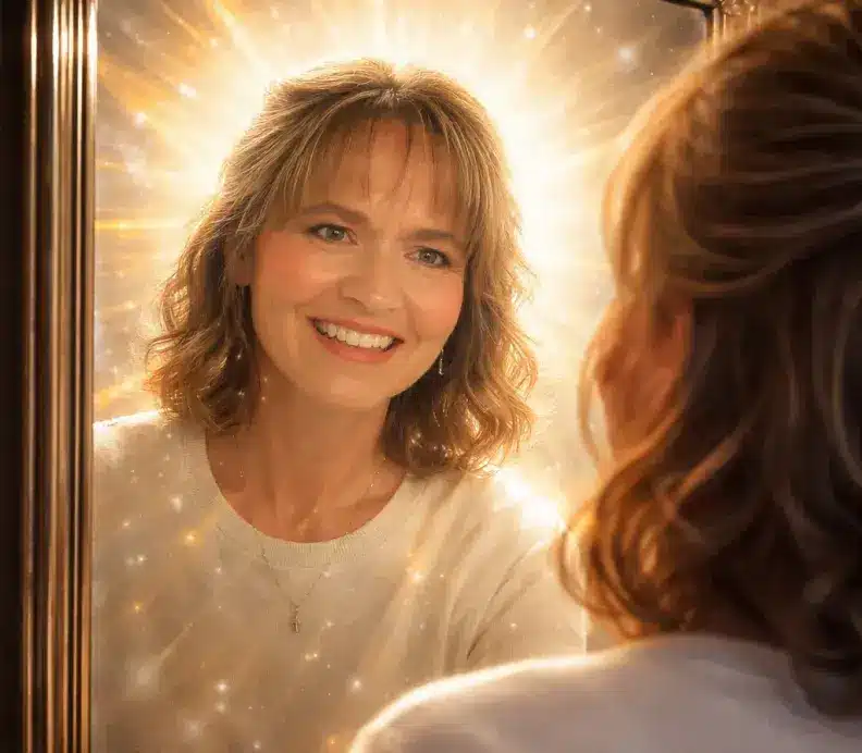 A woman with shoulder-length hair smiles at her reflection in a mirror, surrounded by a glowing light that evokes the glory of God, creating a warm, ethereal effect around her head and shoulders.