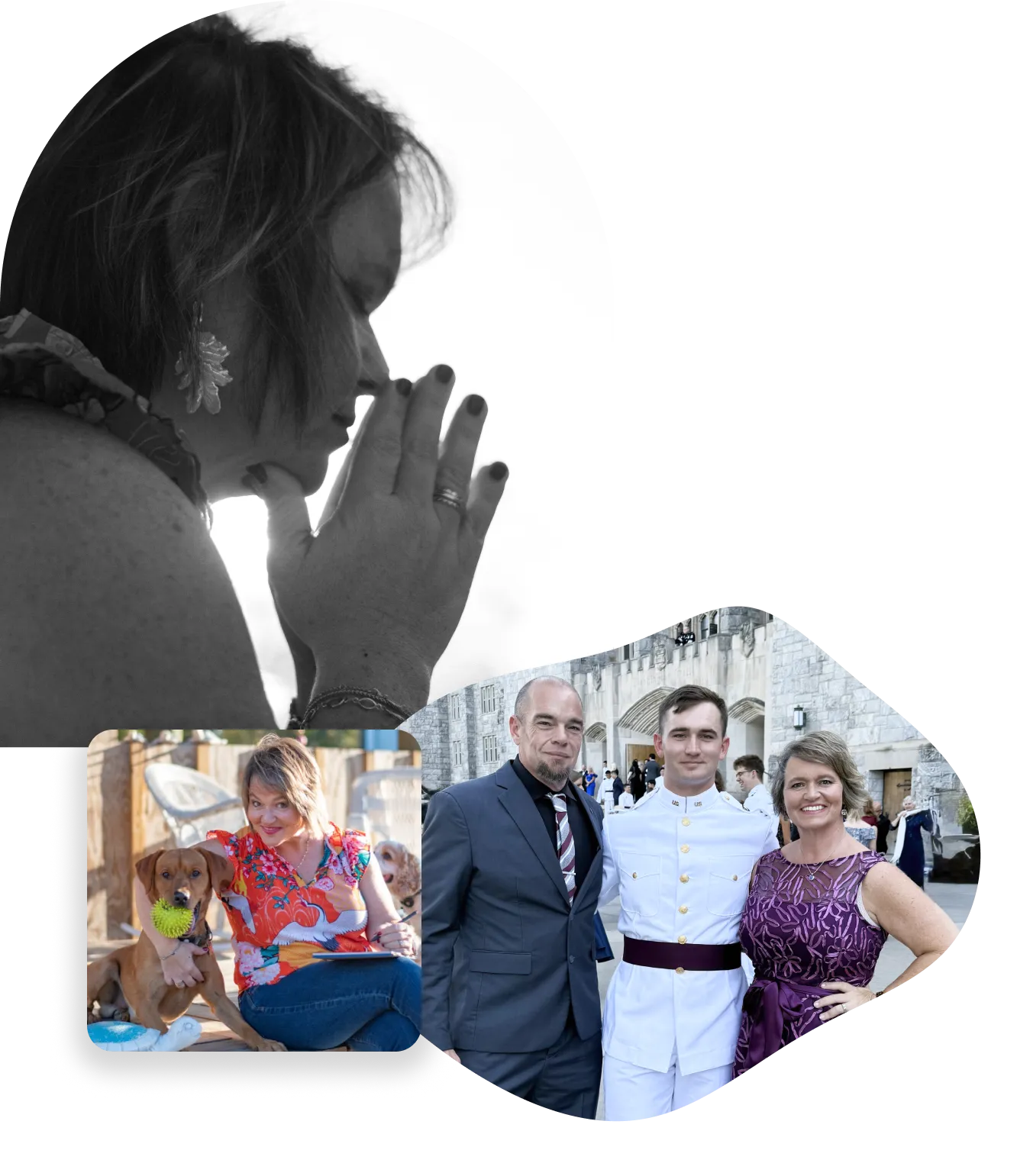 A collage shows: Kim Walker praying in black and white, a smiling woman with two dogs outside, and the Kim Walker with Brian Walker in a suit and their son in a military uniform, all posing together and smiling.