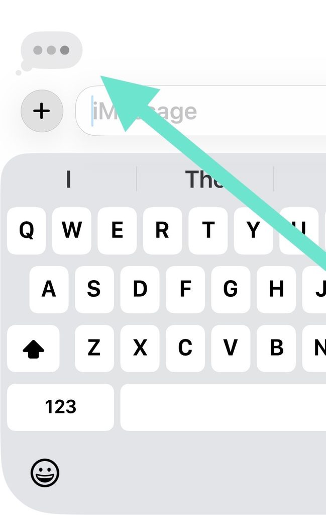 A digital keyboard with a teal arrow pointing toward the message input field.